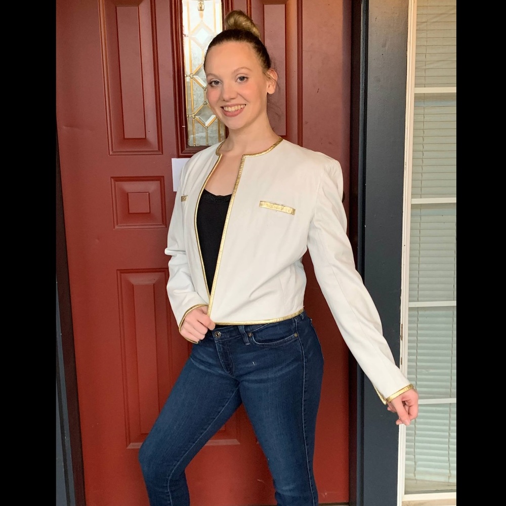 1980s White and Gold Cropped Leather Jacket by LEVINO VERNA SIZE 8